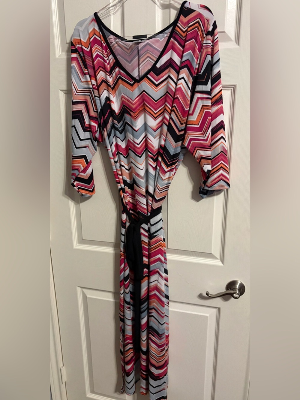 237- Avenue Chevron V-Neck Maxi Dress in Pink, Black & Orange